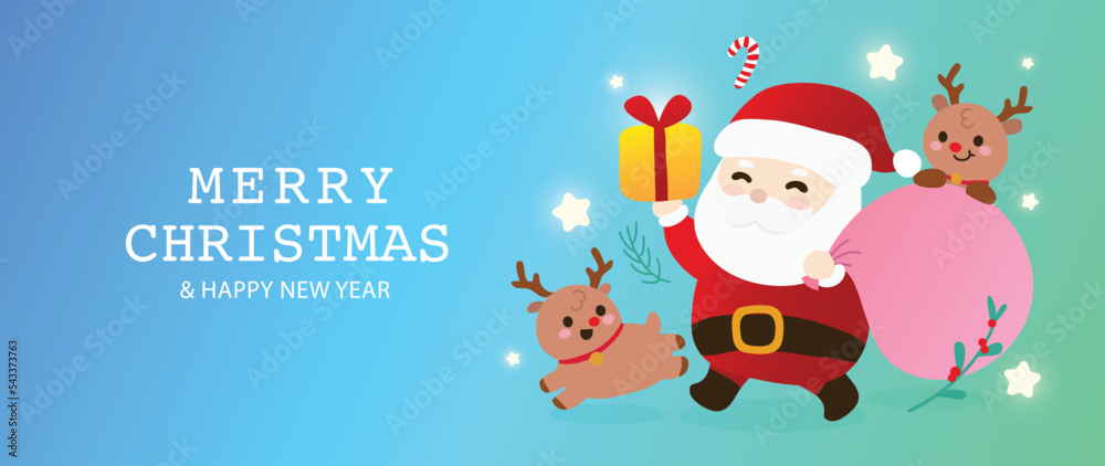 Merry christmas and happy new year concept background vector. Christmas elements, santa claus, reindeer, present, star, candy cane. Design for banner, invitation, card, greeting, cover, poster. Merry christmas and happy new year concept background vector. Christmas elements, santa claus, reindeer, present, star, candy cane. Design for banner, invitation, card, greeting, cover, poster.