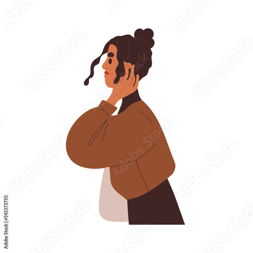 Young woman profile, going and fixing, touching hair, curly hairstyle with hairbun. Modern fashion girl, female character side view. Flat vector illustration isolated on white background