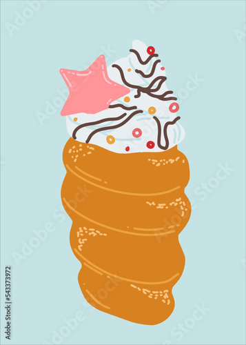 Trdelnik pastry with whipped cream, chocolate and caramel. Traditional Christmas treat. Vector christmas illustration. Traditional design.