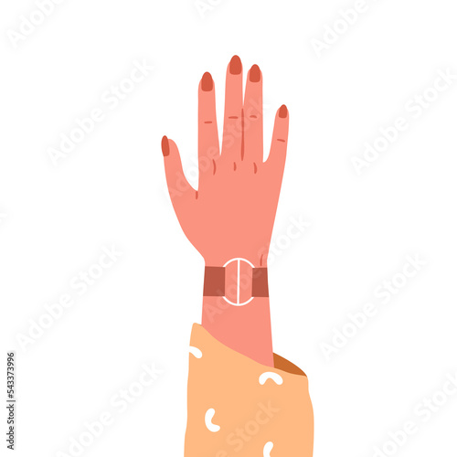 Female hand raised up. Women wrist with leather bracelet and red nails on fingers. Arm with jewellery, accessories, gesturing, rising. Flat vector illustration isolated on white background