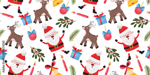 Christmas cute seamless pattern with cartoon items. Santa Claus  reindeer  gift boxes  bells  pine branches  candles  leaves and decorative balls for the Christmas tree.