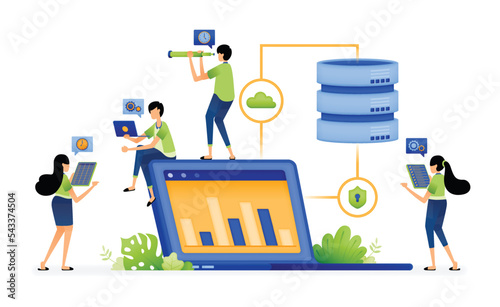 vector illustration of data processing for display on a laptop using a secure network and accessible database. Can be used for landing pages, web, websites, mobile apps, posters, ads, flyers, banners