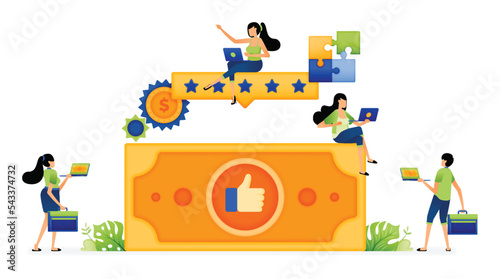 Vector illustration of five star rating and thumbs up from user feedback. cashback on financial transactions. Can be used for landing pages, web, websites, mobile apps, posters, ads, flyers, banners