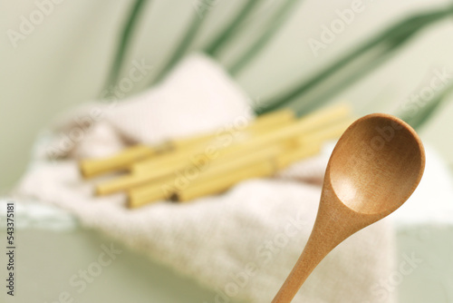 Eco bamboo spoon on green background. Concept, natural material organic cutlery, zero waste, eco-friendly (ID: 543375181)