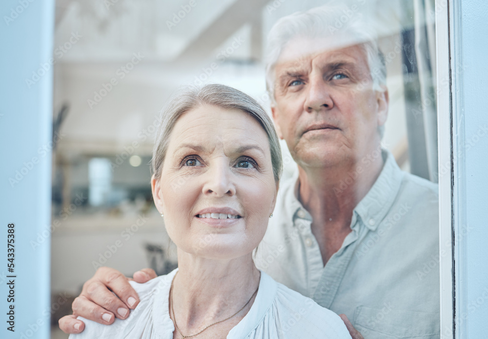 Obraz premium Family, couple and senior people at a window for looking, talking and embrace, happy and smile in their home. Glass, happy family and proud seniors bond, relax and discuss the view from their house