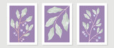 Vintage style botanical wall art template. Collection of hand drawn leaves on purple background, watercolor leaf branch, line art. Poster design for wall decoration, interior, wallpaper, banner.