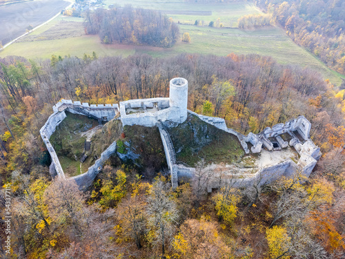 The castle as seen from above. Bird's eye view, drone photo. Building, ruins, forest, autumn.