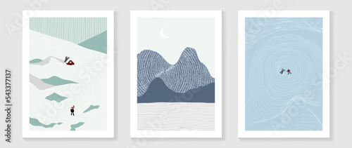 Set of abstract winter landscape wall art. Collection of mountains with snow, house, skier. Design suitable for wall decoration, interior, poster, print, cover, wallpaper. Vector illustration.