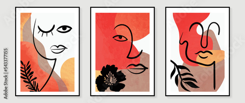Set of abstract people face portrait wall art. Collection of facial line art with leaf and vintage color style. Design for wall decor, interior, poster, print, cover, wallpaper. Vector illustration.