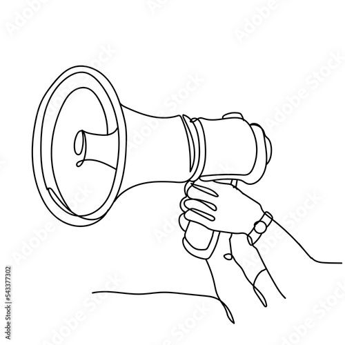 Single continuous line drawing of Megaphone announcement, One continuous single line drawing of hand hold horn isolated.