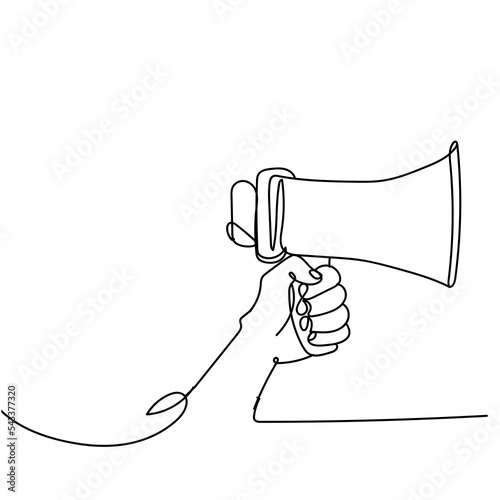 Single continuous line drawing of Megaphone announcement, One continuous single line drawing of hand hold horn isolated.