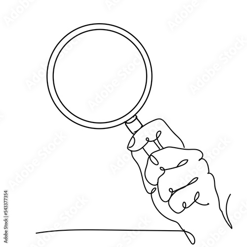 Continuous one line drawing of hand holding magnifying glass isolated on white background, Hand drawn single line vector illustration