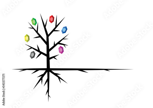 The symbol of a stylized tree with roots and gemstones.