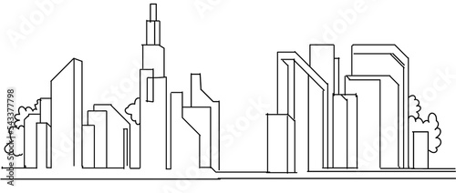 Continuous line drawing of Modern cityscape. Metropolis architecture panoramic landscape  Apartment buildings isolated minimalistic illustration. Single line draw vector illustration