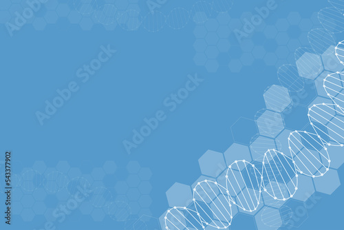 Blue Background of medical science with hexagon and DNA Line. Blnak space for design and creative photo