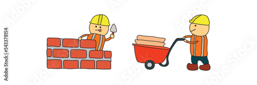 Kids drawing vector Illustration of construction workers building a brickwall and pushing wheelbarrow in a cartoon style.