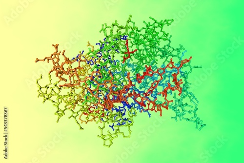 Human aldose reductase in complex with inhibitor IDD594. Molecular model on colorful background. Rendering based on protein data bank. Rainbow coloring from N to C. 3d illustration photo