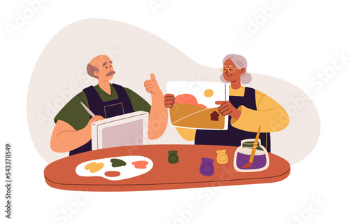 Senior couple drawing. Happy man and woman of old age, painting together. Creative elderly retired people characters with canvas, paper, paints. Flat vector illustration isolated on white background