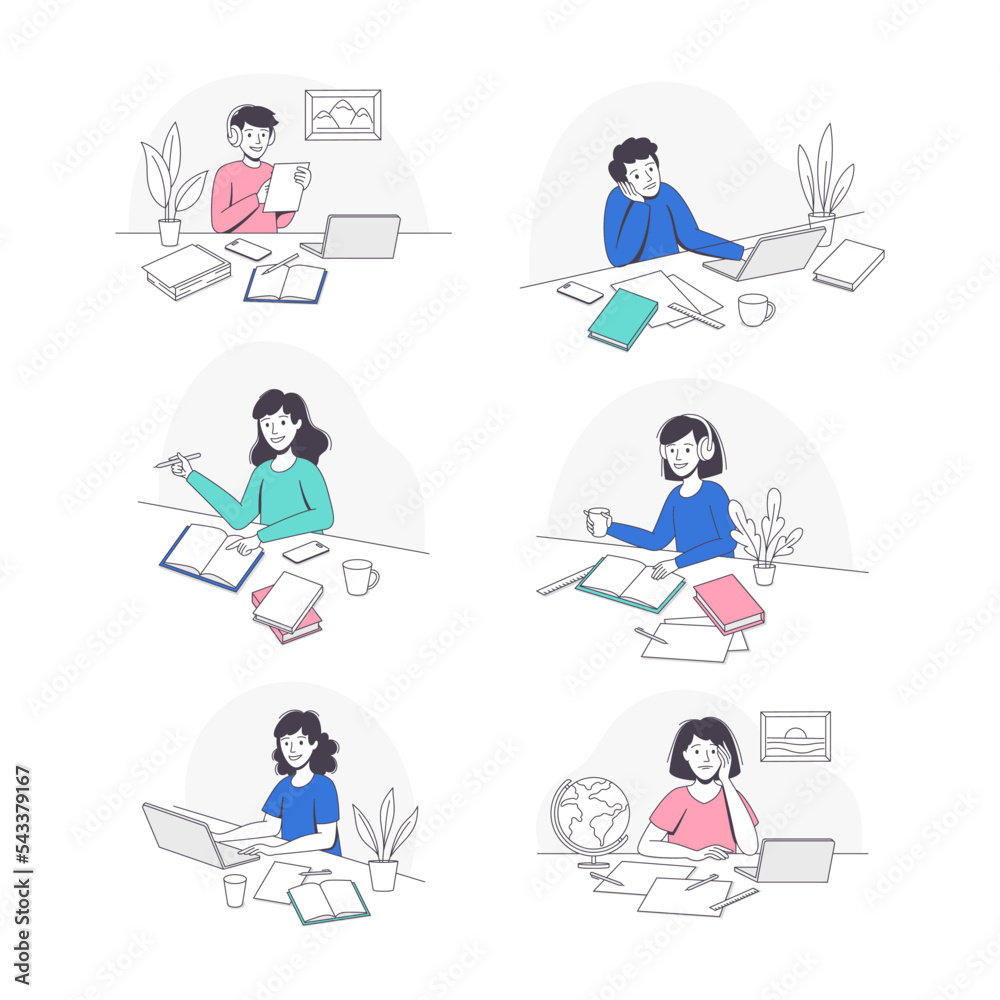 Teen Boy and Girl Doing Homework Sitting at Desk Studying with Book and Computer Vector Set Teen Boy and Girl Doing Homework Sitting at Desk Studying with Book and Computer Vector Set