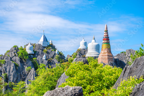 Wat Praputthabaht Sudthawat pu pha daeng, Wat Chaloem Phra Kiat Phrachomklao Rachanusorn. There is a pagoda built on a high rocky mountain by belief and faith. Unseen Thailand, Lampang, Thailand.