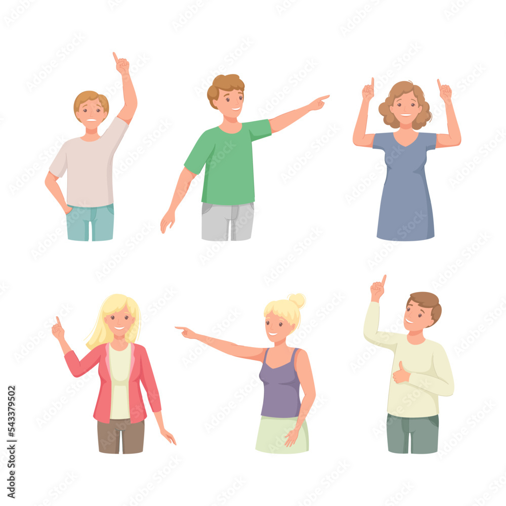 People Character Indicating Something Pointing with Index Finger as Hand Gesture Specifying Direction Vector Set People Character Indicating Something Pointing with Index Finger as Hand Gesture Specifying Direction Vector Set