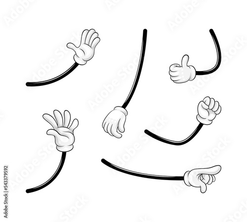 Cartoon Hand in White Glove Gesturing Waving, Pointing Finger and Showing Thumb Up Vector Set