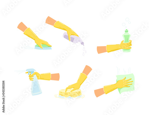 Hand in Yellow Glove Cleaning with Sponge, Brush, Wipe, Soap and Detergent Bottle Vector Set