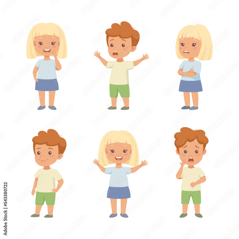 Little Girl and Boy Having Different Face Emotion and Gesture Vector Set Little Girl and Boy Having Different Face Emotion and Gesture Vector Set