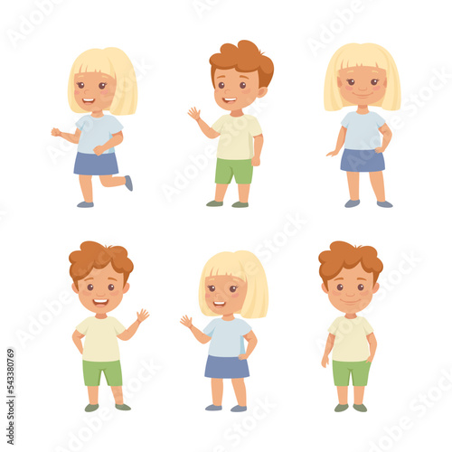 Little Girl and Boy Having Different Face Emotion and Gesture Vector Set