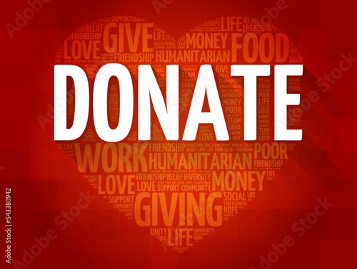 Donate is a gift for charity, humanitarian aid, or to benefit a cause, word cloud heart concept background