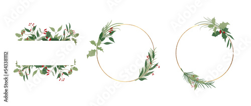 Set of watercolor winter floral frame vector. Elements of christmas botanical holly, leaves, pine, berry, circle, square frame on white background. Design for wallpaper, banner, invitation, greeting.