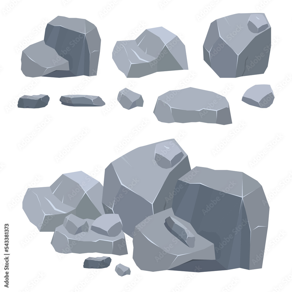 Naklejka premium Heap of stones and rocks. Collection of boulders, granite stones, broken rocks in cartoon 3d style