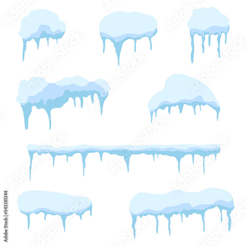 Snow caps and snowdrifts isolated on blue background. Set of white snow caps with icicles and piles with icy texture	
