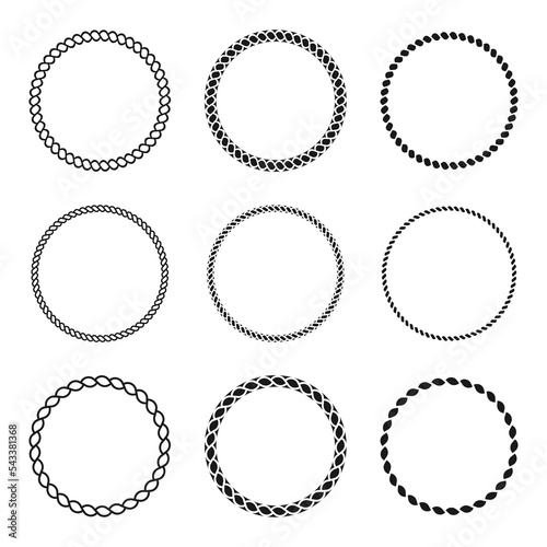 Rope frames collection. Set of round frames from nautical rope. Marine rope in circle shape for decoration