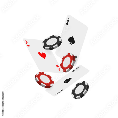 Flying casino chips and cards. Black and red poker chips are falling down. Poker chips and cards on white background. Flying casino gaming tokens