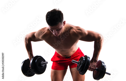 gym training of biceps and triceps in weightlifting sport. sportsman with dumbbell do weightlifting