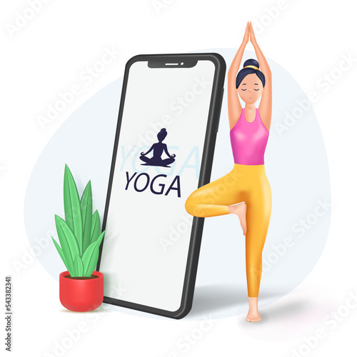 Interactive online yoga workout with personal coach on screen of mobile phone. Tiny man training at home, people practice meditation, sport exercises 3d vector illustration.