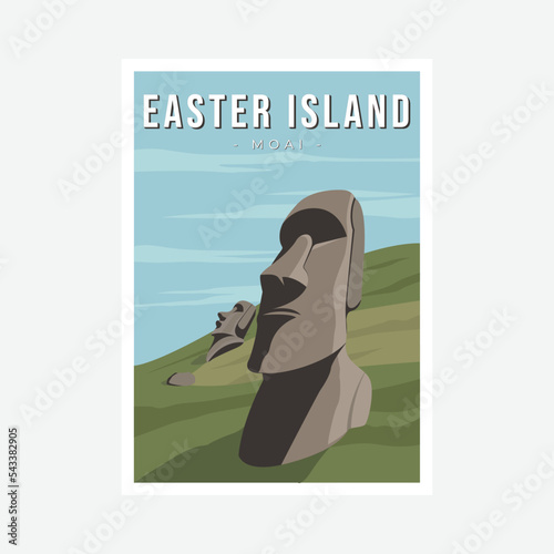 Moai vector poster, stone monolithic statues on Easter Island in the Pacific Ocean.