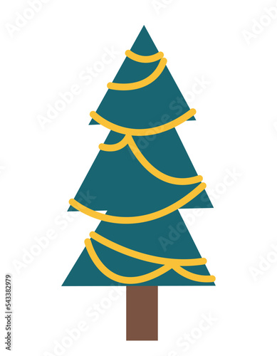 Christmas tree decorated with tinsel. Design element in flat style.