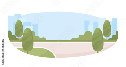 Infrastructure 2D vector isolated illustration. Roadside trees flat objects on cartoon background. Urban buildings and streets colourful editable scene for mobile, website, presentation