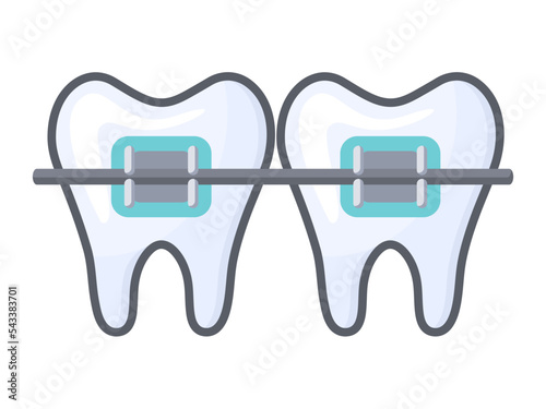 Color icon with teeth in braces, in flat style, isolated on white background. The topic of stomatology, dental treatment, illustrations for the typography of dental clinics.