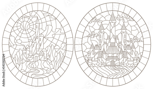 Fotografiet Set contour illustration of stained glass of landscapes with ancient castles, da