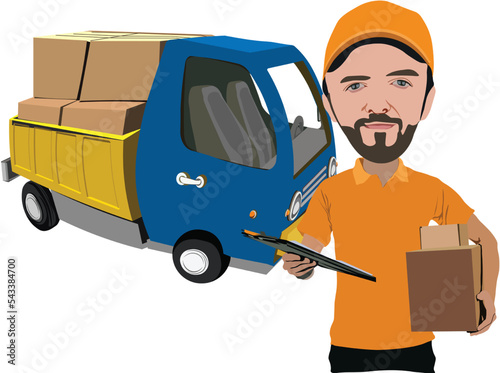 Funny delivery car and deliveryman service cargo and logistic transportation isolated on transparent png background