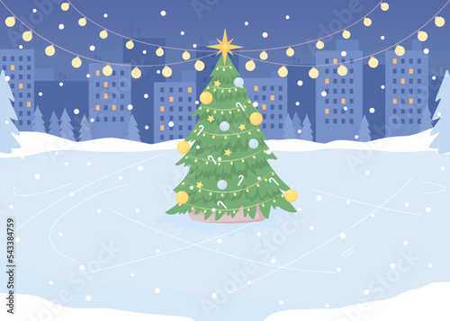 Skating rink decorating for New Year flat color vector illustration. Xmas holiday celebration. Wonderland scene. Fully editable 2D simple cartoon cityscape with Christmas scenery on background