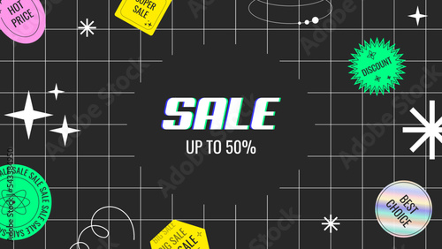 Web sale background taplate with trendy abstract sticker decoration. Modern y2k art banner for online promorion, store discount or social media post. Cover for black friday or cyber monday