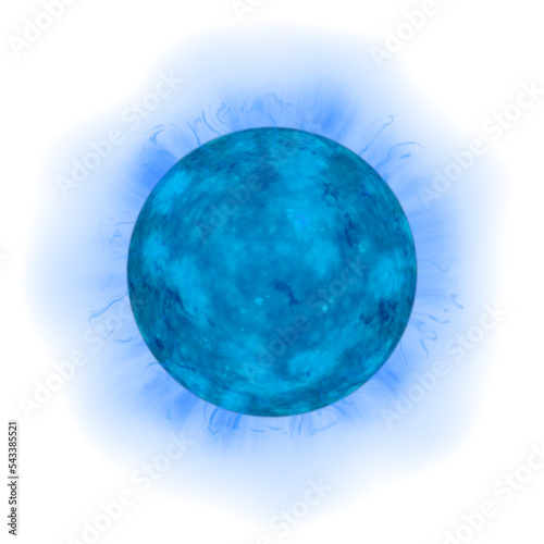 Glowing cold sun in blue flames on transparent background