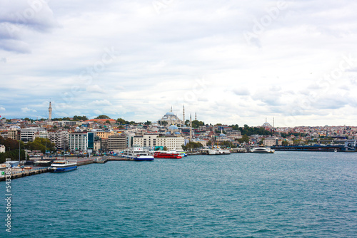 Sea front landscape of Istanbul historical part, Turkey famous city. Tourist Istanbul city landscape. Istanbul landscape, Turkey.