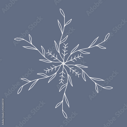 Snowflake in doodle style, winter holiday decoration on background.