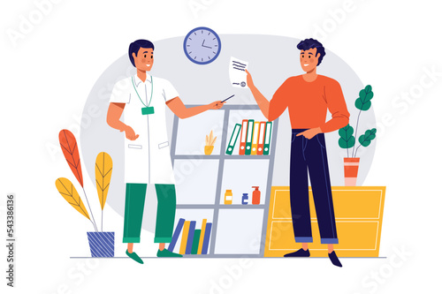 Medical clinic concept with people scene in the flat cartoon design. Doctor issues a list of medicines that the patient needs to buy for further treatment. Vector illustration. © Andrey