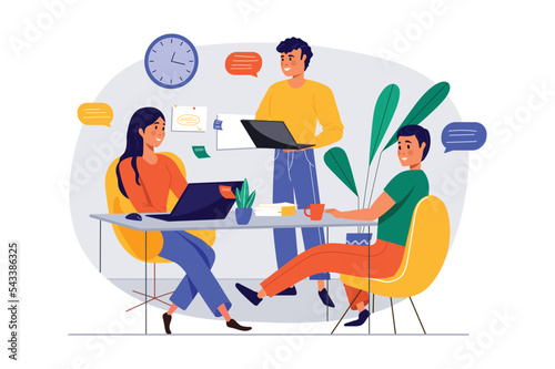 Business meeting concept with people scene in the flat cartoon style. Business partners sum up the company's work at a meeting. Vector illustration.